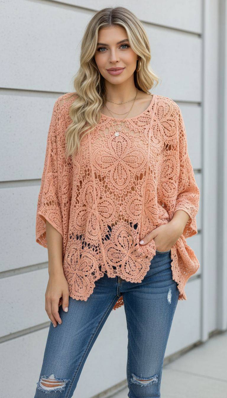 Frau trägt eine gehäkelte korallenfarbene Tunika und Jeans. Lässige Mode für Frauen. Sommeroutfit.
