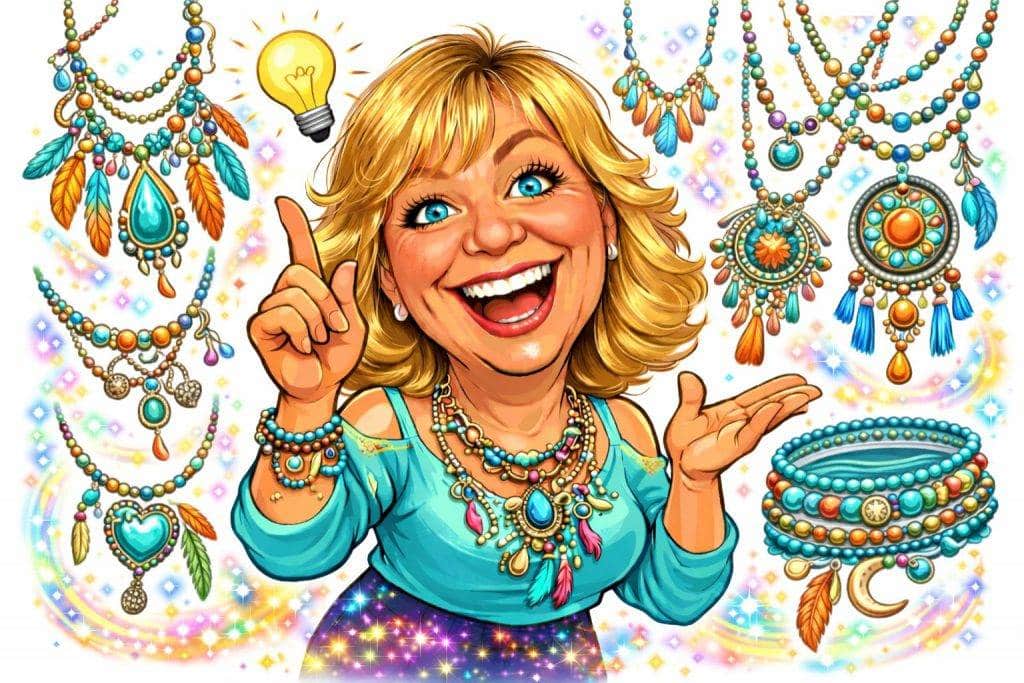 Halsketten Frau mit Halsketten-Idee: Cartoon einer blonden Frau, die bunte Halsketten präsentiert, mit einer Glühbirne für Kreativität.