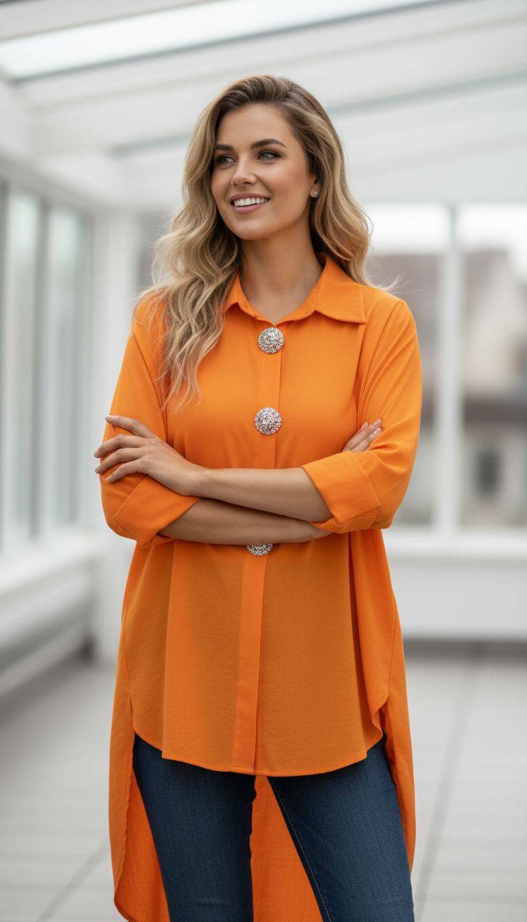 Hemdbluse "Icon" in Orange mit Schmuckknöpfen. Elegante Damenbluse für stilvolle Looks. Jetzt entdecken!
