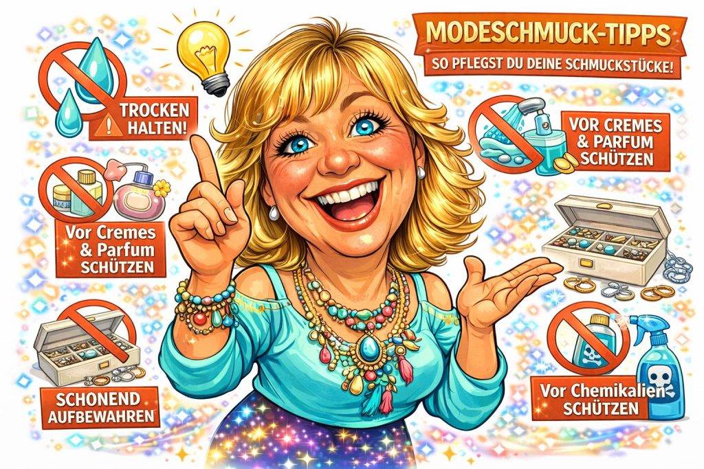 Modeschmuck Pflegetipps Modeschmuck Pflegetipps: Cartoon-Illustration einer Frau mit Modeschmuck, die Tipps zur Schmuckpflege gibt. Hinweise zum Schutz vor Wasser, Creme und Chemikalien.