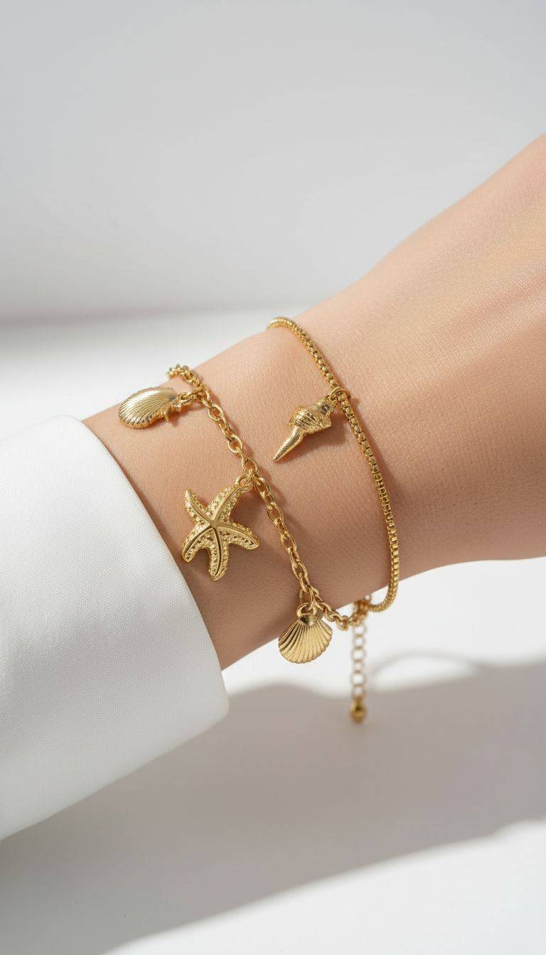 Goldenes Muschel Armband mit Seestern Anhänger am Handgelenk. Flexibles Armband Accessoire.