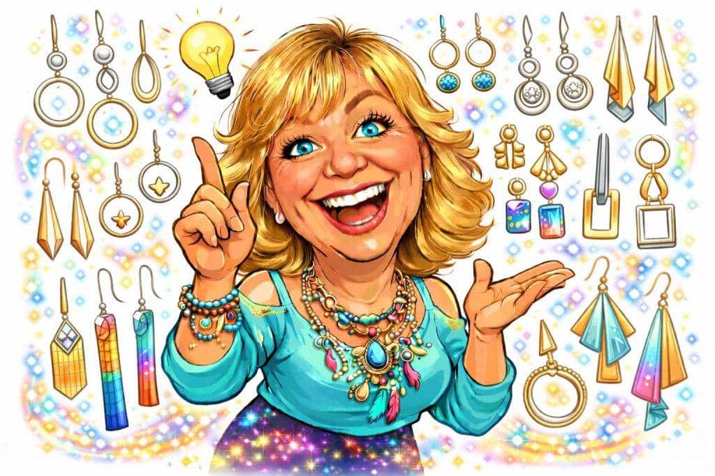 Ohrringe - Ohrstecker Frau mit Ohrringen-Kollektion. Vielfältige Ohrringe: Gold, Silber, Bunt. Schmuck-Idee mit Glühbirne. Modische Accessoires.