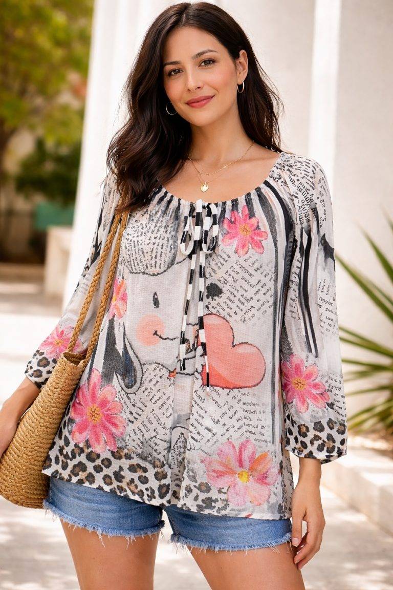 Newsletter Tunikabluse: Modell mit Blumenmuster, Herz und Leopardenmuster. Zweiteilig, modisch und bequem.