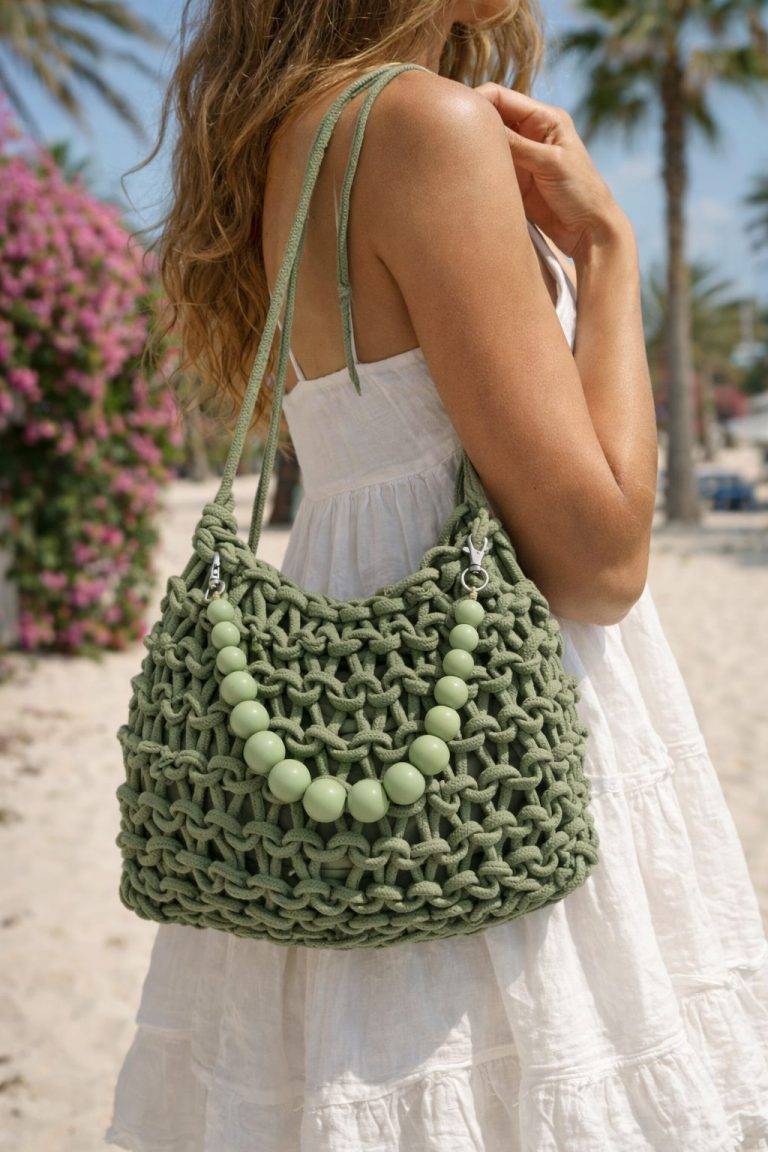 Eine Frau hält eine grüne Santorini-Sommertasche mit klobigen Perlen - geräumig, stilvoll und perfekt für den Strandurlaub oder den täglichen Gebrauch.