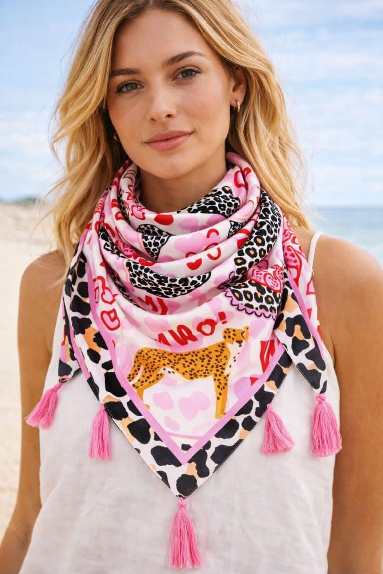 Blonde Frau modelliert den Zwillingsherz-Schal "Wild Heart" - lebhafter Tierdruck, Herzmotive, rosa Quasten; verleiht Flair und Wärme.