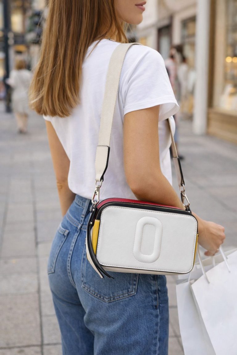 Frau trägt DuoZip Colorblock Bag mit schwarzen, gelben und roten Akzenten - stilvoll, geräumig, perfekt zum Einkaufen und für Stadtausflüge.
