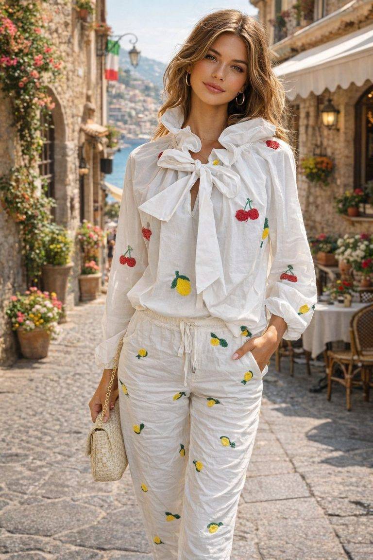 Frau trägt "Lemon Love"-Bluse mit Fruchtdruck und Schleife am Kragen; schick, lebendig, perfekt für Sommerausflüge. Trägt eine gewebte Handtasche.