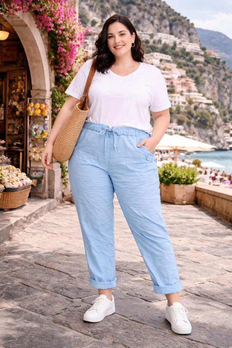 Frau trägt ein atmungsaktives weißes T-Shirt, eine bequeme hellblaue Hose und strapazierfähige weiße Turnschuhe, gestylt mit einer gewebten Tasche für unterwegs.