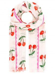 Weißer Cherry Schal mit Kirschmotiven und rosa Wellenstreifen, ausgefranste Enden; modisches, leichtes Accessoire für jedes Outfit.