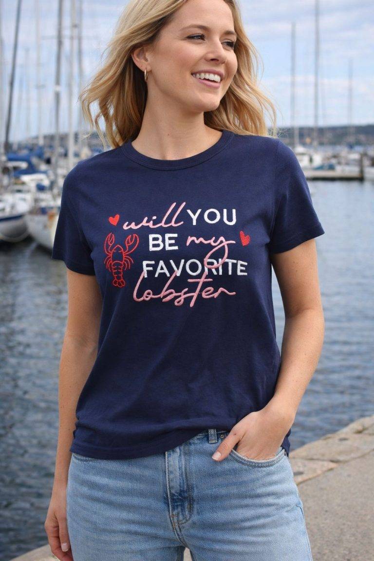 Woman by marina trägt das navyfarbene T-Shirt "Favorite Lobster"; weiche Baumwolle, verspielte Hummergrafik, auffällige Schrift - ein tolles Statement-Shirt für den Sommer.