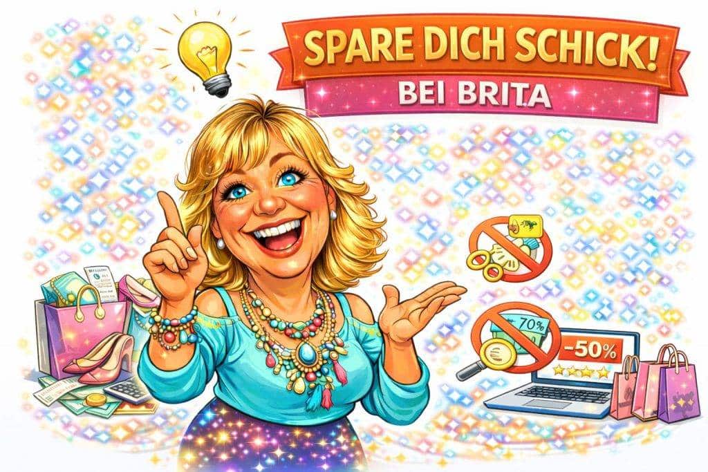 Mode günstig online kaufen Günstige Mode online kaufen: Cartoon-Frau mit Idee, Laptop, Rabatten und Einkaufstüten bei Brita. Spare dich schick!
