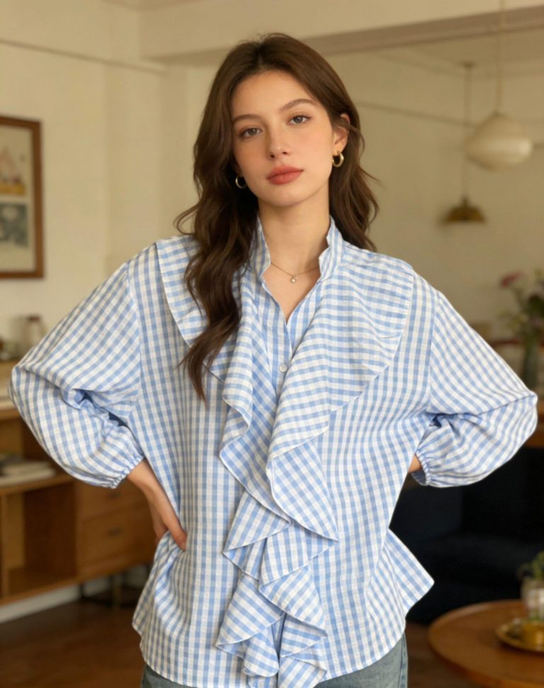 Eine Frau modelliert die Vichy Bluse, eine elegante blau-weiß karierte Rüschenbluse - perfekt für trendigen Komfort und mühelose Eleganz.