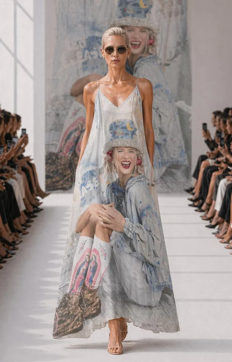 Das Model trägt ein Happy Woman Kleid mit einem auffälligen, lächelnden Frauenprint - ein auffälliges Stück, das den Stil aufhellt und perfekt für Veranstaltungen ist.