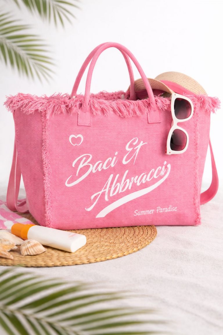 Baci Abbracci Tasche rosa Strandtasche mit "Summer Paradise"-Logo; geräumig, stilvoll, für das Nötigste wie Hut, Sonnenbrille, Sonnencreme.