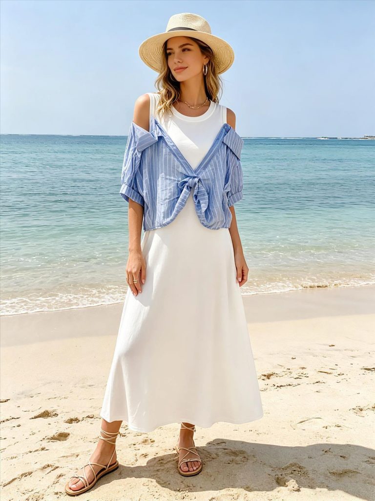 Eine Frau trägt ein luftiges weißes Sommerkleid mit gestreiftem Hemd zum Binden, Strohhut, Halsketten und Sandalen - der perfekte Look für den Strand.