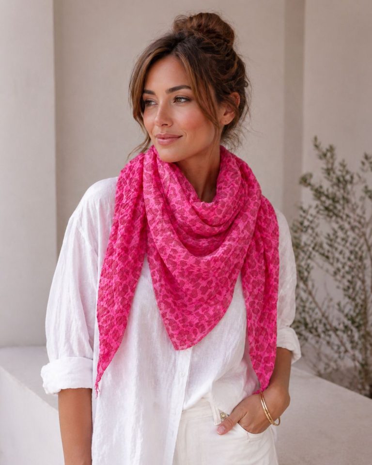 Eine Frau trägt ein lässiges weißes Button-up-Hemd und einen rosa gemusterten Schal und zeigt damit mühelosen Stil und vielseitige Kombinationsmöglichkeiten für den Innenbereich.