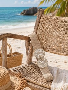 Shoppen Sie den Sommer Annika Gürtel und den geflochtenen Strohhut - stilvoll, leicht, perfekt für Strandtage - auf einem Rattanstuhl.