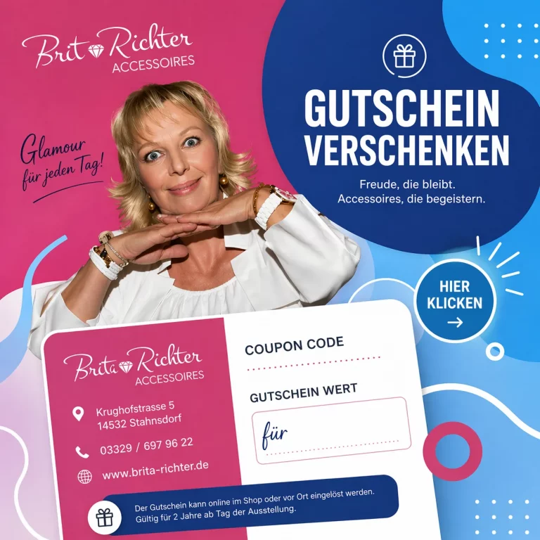 Brita Richter Accessoires Geschenkkarte für Modeshop mit Kontaktinformationen, Gutscheincode und Website auf lebendigem Hintergrund - die perfekte Geschenkwahl.