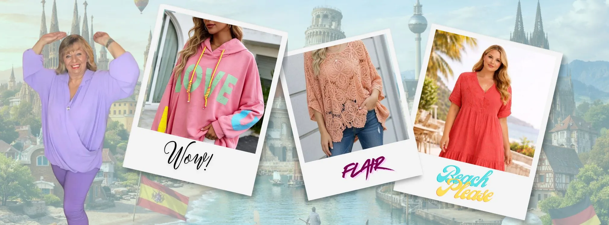 Shoppen Sie stilvolle Damenoutfits: lavendelfarbenes Button-up-Hemd, zartrosa grafischer Hoodie, schickes pfirsichfarbenes Spitzentop mit Jeans, korallenrotes Kleid - ideal für die Reise.