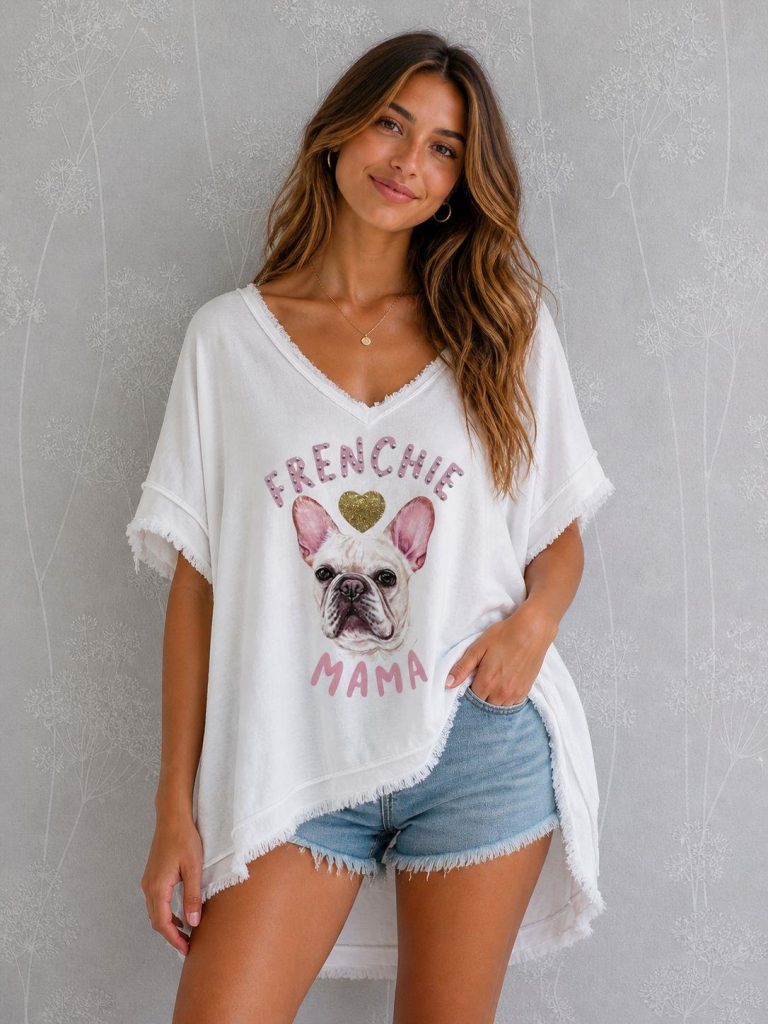Frenchi Mama Shirt mit niedlicher französischer Bulldoggengrafik; bequeme Passform, stilvoll, perfekt für Hundeliebhaber. Abgebildet mit hellen Denim-Shorts.