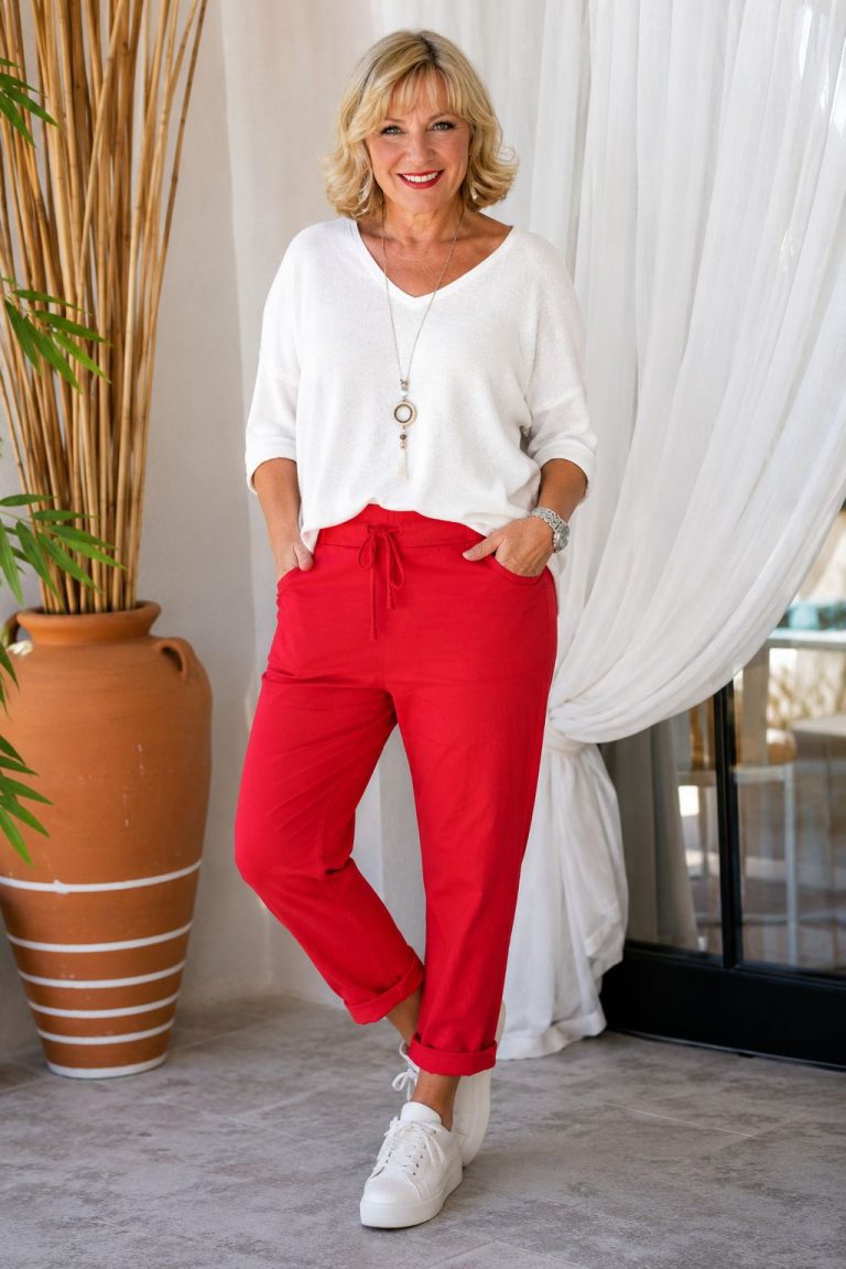 Frau trägt Uni "Zauberhafte Hose" Summer Ladysize rote Hose mit Kordelzug-bequem, stilvoll und schmeichelhaft für den Alltag.
