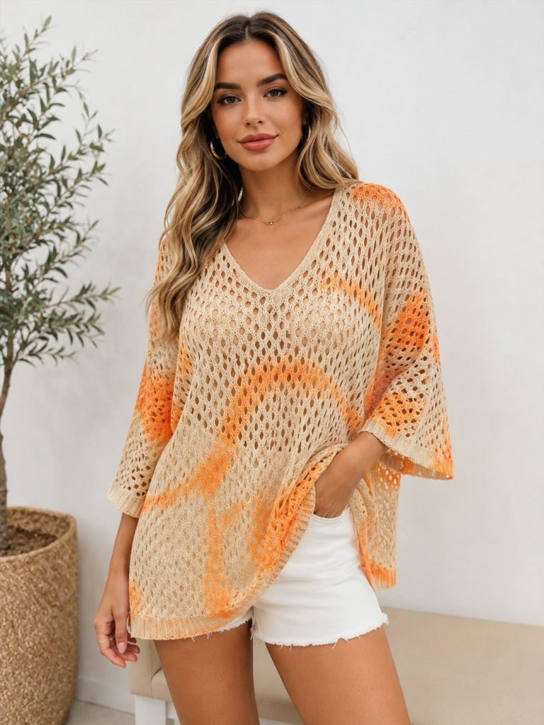 Damenmodelle Batik Look Sommer Pullover beige-orange-atmungsaktiv, stilvolles Layering-Essential für Sommerkomfort und lebendigen Stil.