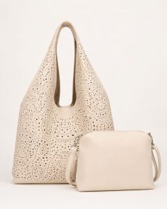 Vielseitige beigefarbene Hobo City-Tasche mit elegantem, ausgeschnittenem Blumenmuster sowie abnehmbarer Umhängetasche – perfekt für stilvolle Organisation.