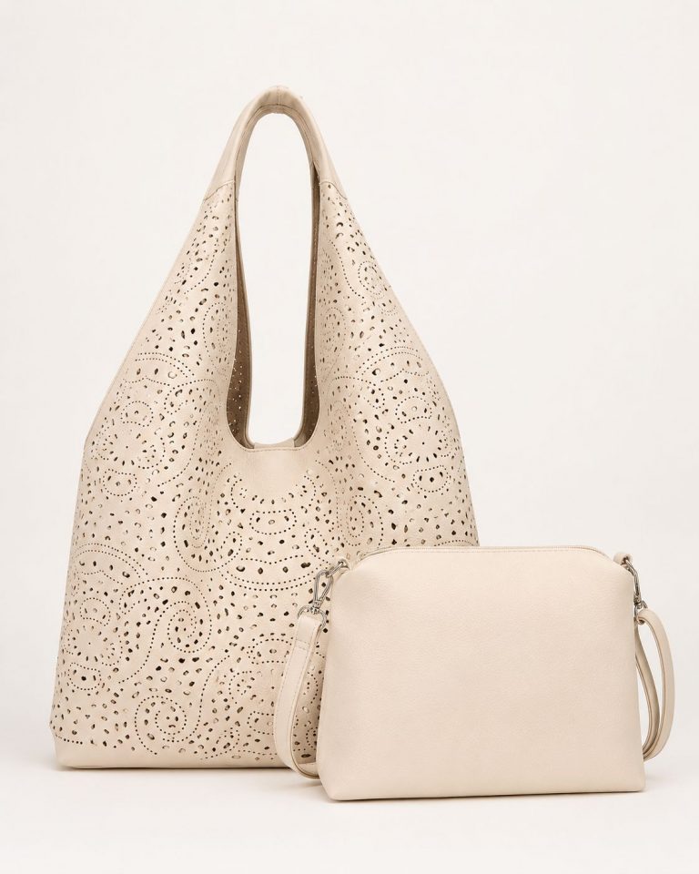 Vielseitige beigefarbene Hobo City-Tasche mit elegantem, ausgeschnittenem Blumenmuster sowie abnehmbarer Umhängetasche – perfekt für stilvolle Organisation.