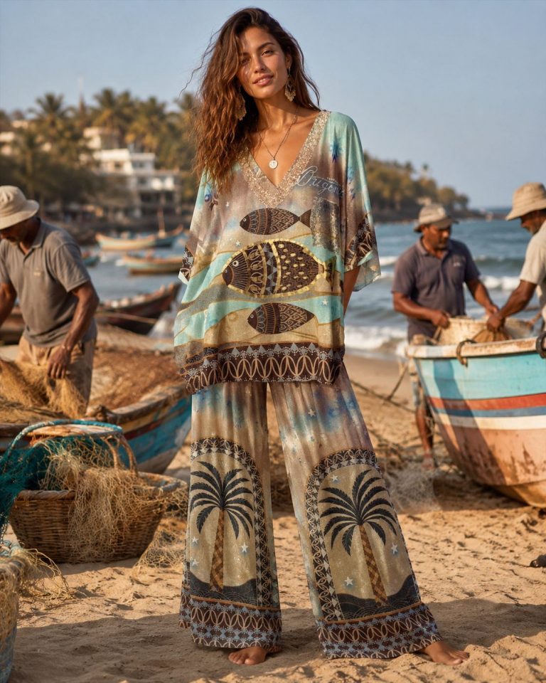 Eine Frau präsentiert den Zweiteiler „Tropical Fish“ an einem sonnigen Strand; lebhaftes Muster, bequeme Passform – perfekt für Strandtage und den Urlaub.