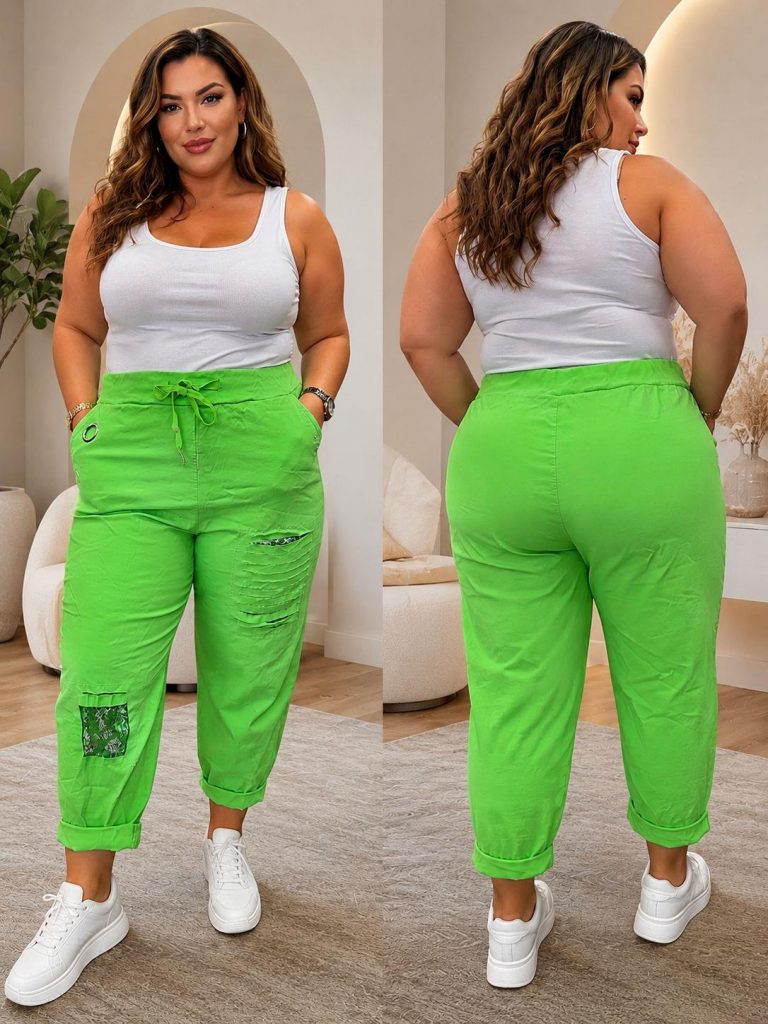 Plus Size zauberhafte Glitzer-Patch hellgrüne Kordelzug-Hose, bequeme Passform, flexibler Bund, modelliert vorne und hinten für Vielseitigkeit.