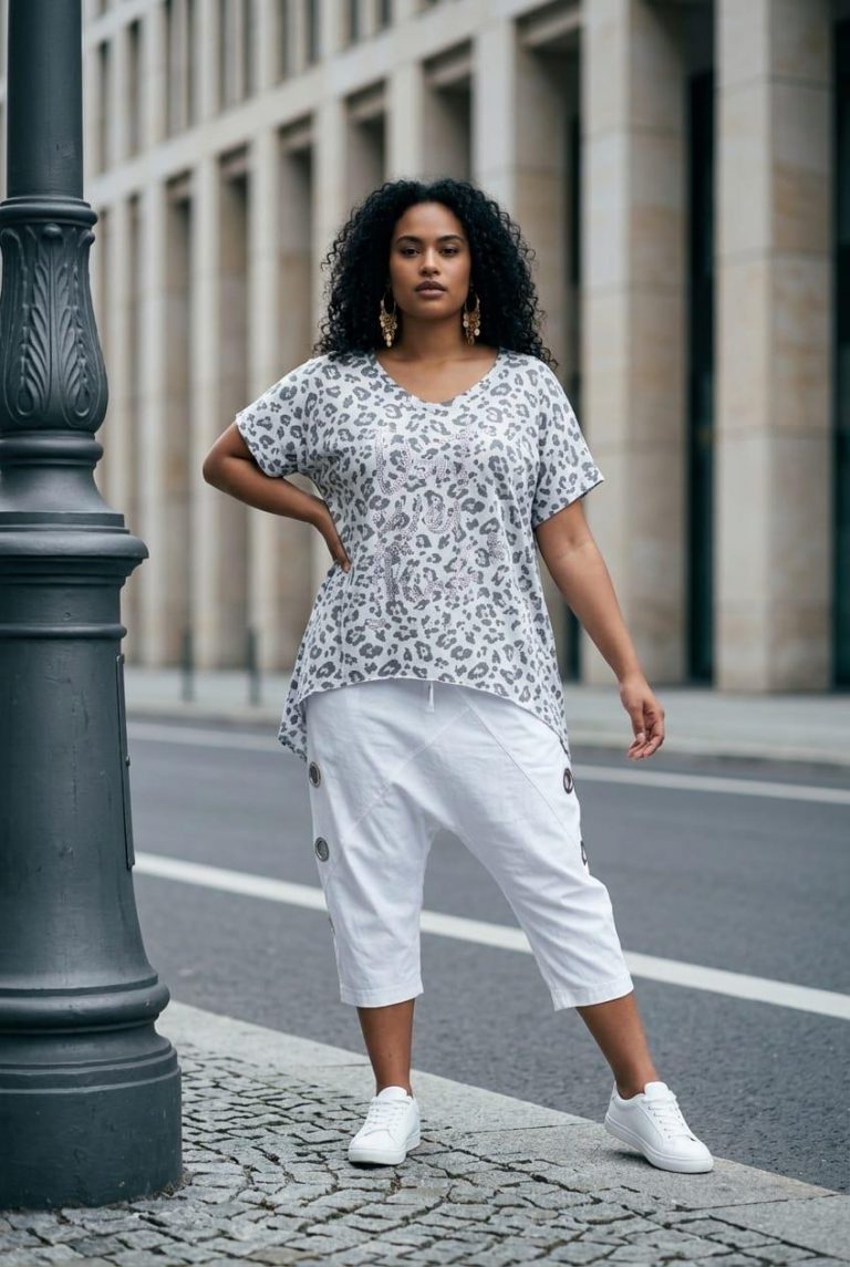 Eine Frau präsentiert ein Leo Statement-Shirt mit Leopardenmuster und eine weiße, kurz geschnittene Hose mit Knopfdetails – trendy, vielseitig und perfekt für den City-Look.