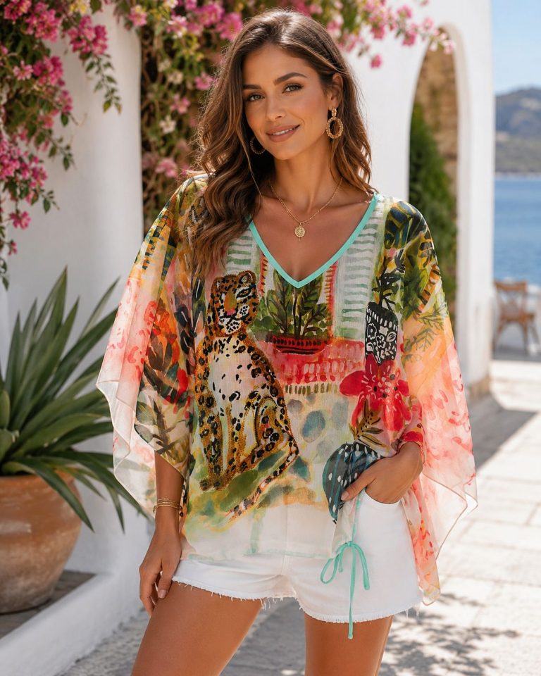 Frau im Freien in einer farbenfrohen, transparenten „Aqua Jungle“-Tunika mit Leopardenmuster – ein leichtes, stilvolles Oberteil, perfekt für den Strand, auf Reisen oder an Sommertagen.