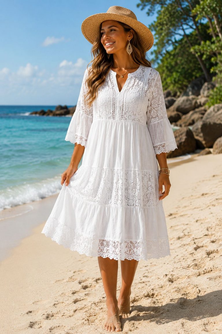 Frau in Summer Breeze Boho Kleid XL und Strohhut spaziert am Sandstrand - bequem, stilvoll, perfekt für sonnige Ausflüge.
