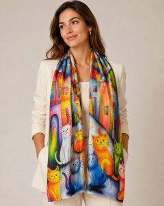 Home - Modeshop Eine Frau präsentiert den „City Cat’s Schal“, einen farbenfrohen Schal mit Stadtmotiv und Comic-Katzen – er verleiht jedem weißen Outfit einen verspielten Touch und sorgt für Wärme.