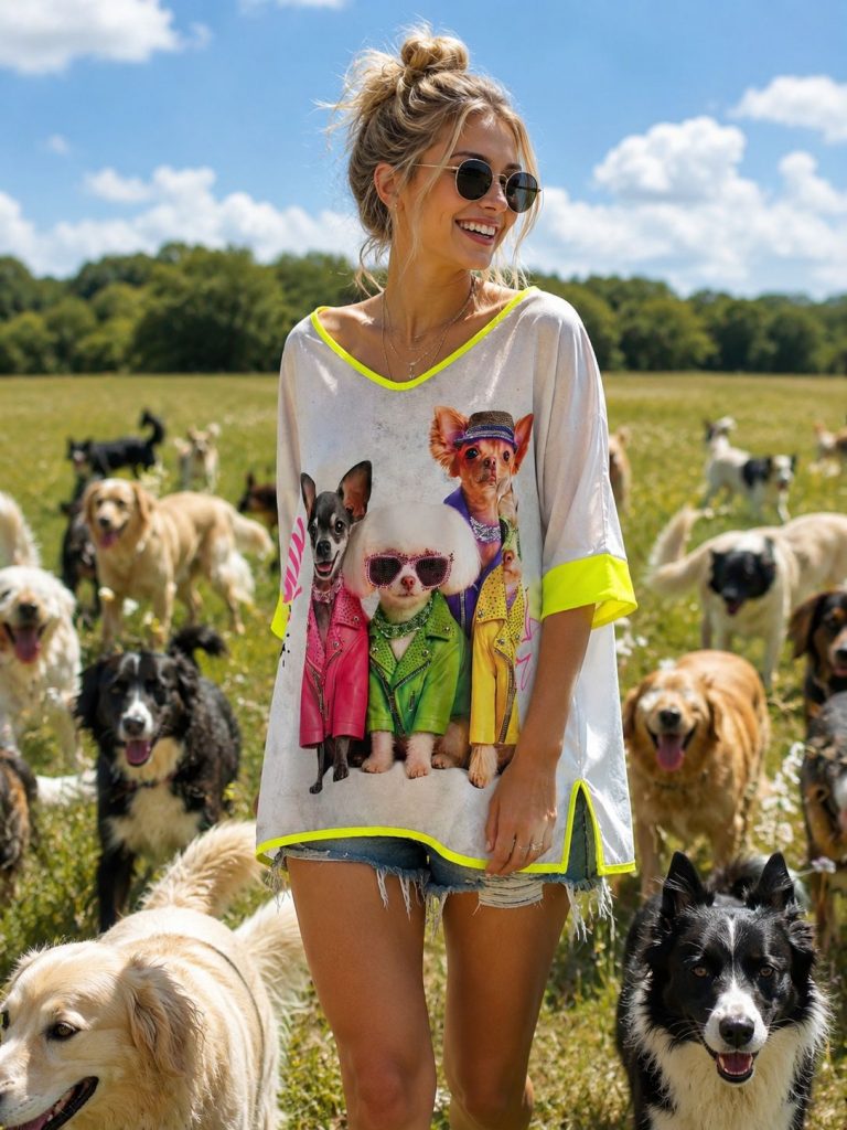 Frau im Freien in einem „Cool Dogs“-Shirt mit farbenfrohen Hundemotiven; ein stylisches, bequemes T-Shirt, perfekt für Hundeliebhaber und alltägliche Abenteuer.