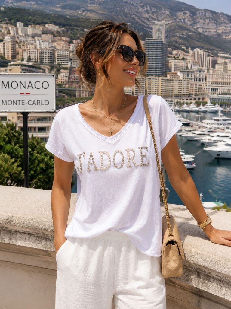 Schickes "J'Adore"-Shirt, weiße Hose, beigefarbene Handtasche - stilvoller Komfort für jeden Ausflug. Perfekt für einen Spaziergang im Jachthafen von Monte-Carlo.