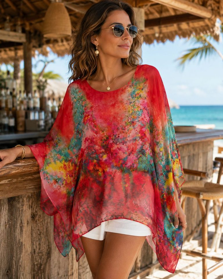 Frau vor einer Strandbar in einer Seidentunika von Beach Art mit lebhaftem Rot-Gelb-Blau-Muster; leichte Seidentunika, stilvolles Sommer-Must-Have.