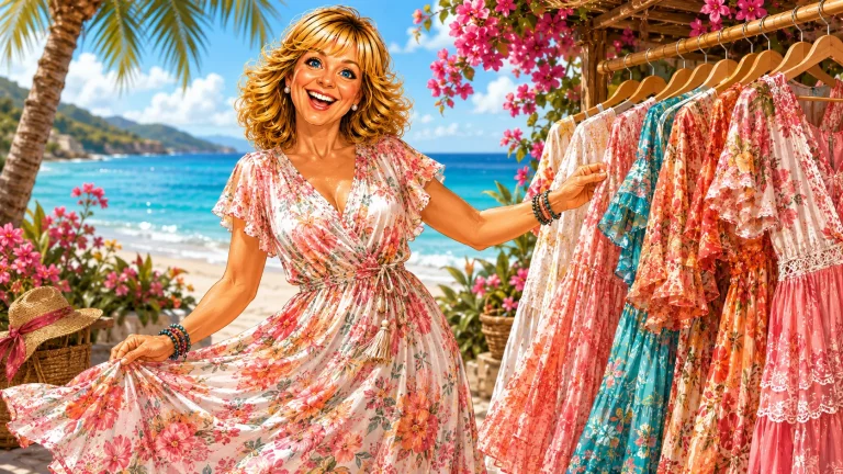 Eine Frau präsentiert am Strand geblümte Damen-Sommerkleider; leichte, stilvolle Sommerkleider, perfekt für den Urlaub und Strandausflüge.