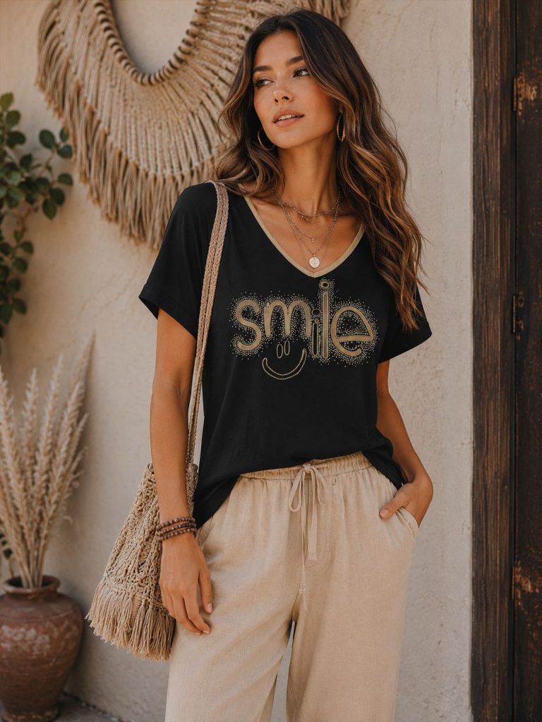 Frau modelliert Smile Shirt, ein bequemes schwarzes T-Shirt mit "Smile"- und Smiley-Aufdruck - perfekt für den Freizeitlook; passt zu einer beigen Hose.