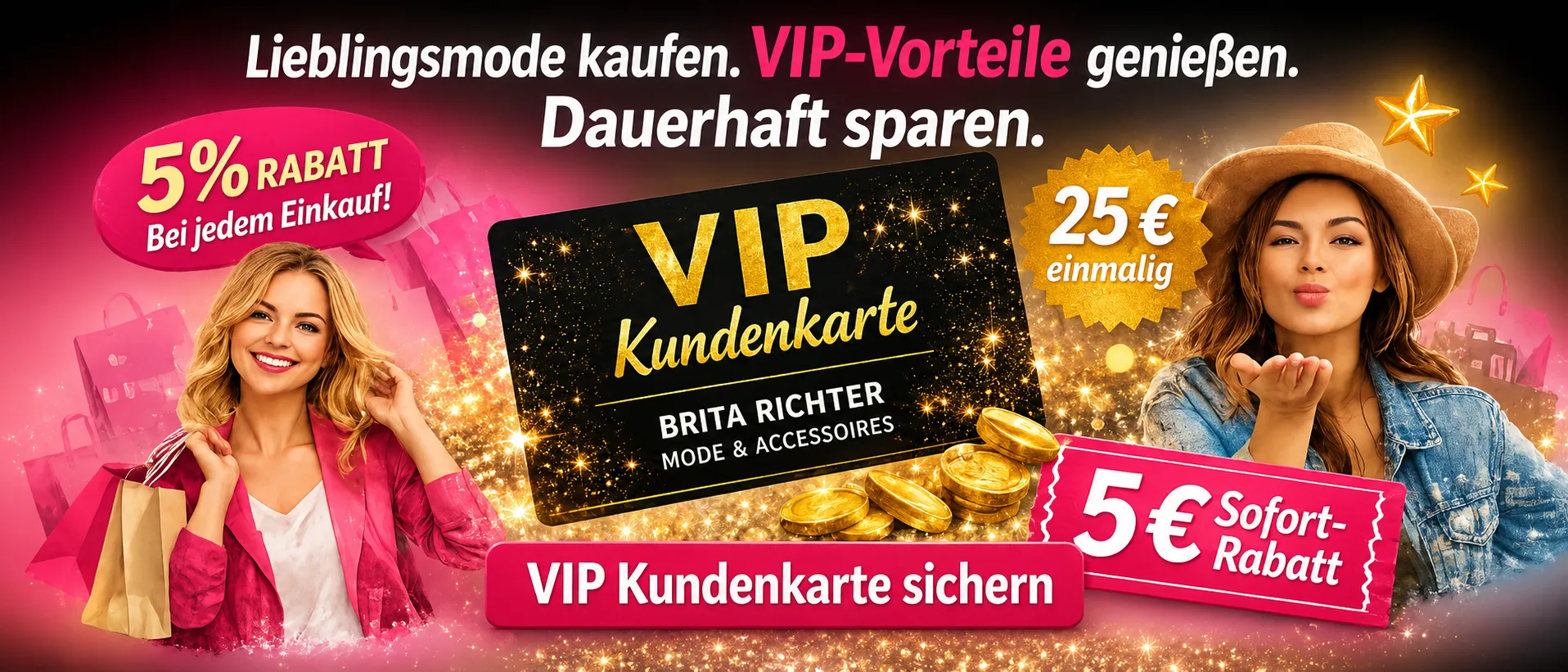VIP-Kundenkarte Brita Richter-Banner mit glücklichen Frauen, Goldmünzen, 5 % Rabatt, 25 €/ 5 € Ersparnis - exklusive Kundenvorteile.