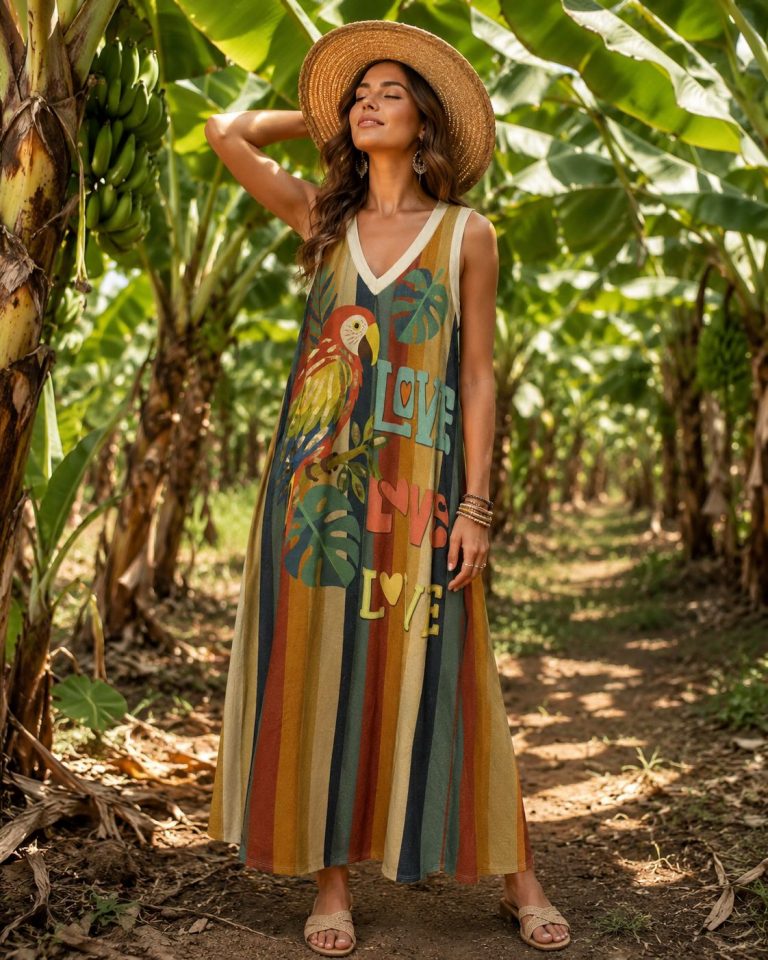 Star Skull Kleid (Kopie) mit bunten Streifen, Papagei, Blättern und „LOVE“-Aufdruck – auffälliger Stil, lebhafter Look, perfekt für den Sommer.