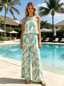 Frau am Pool in La Vela Chic Set (Kopie) - ärmellos, lockere Passform, pastellgrün/blau/beige. Leichte Resort-Kleidung für den Sommer.