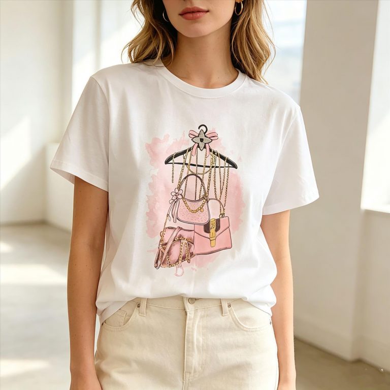 Fashion Lover T-Shirt mit pinkem Handtaschen-Print, weiche Baumwolle, perfekt für Trendsetterinnen; lässt sich gut mit Jeans kombinieren für einen schicken Look.