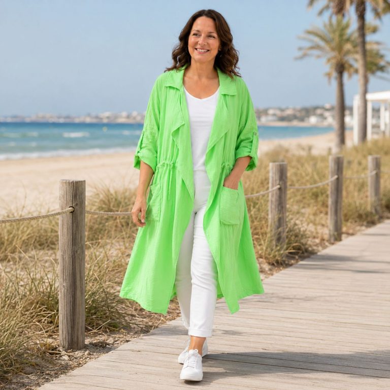 Eine Frau trägt einen leuchtend grünen Trenchcoat – leicht, stilvoll, perfekt für Strandspaziergänge – über einem weißen Hemd und einer weißen Hose, dazu weiße Sneaker.