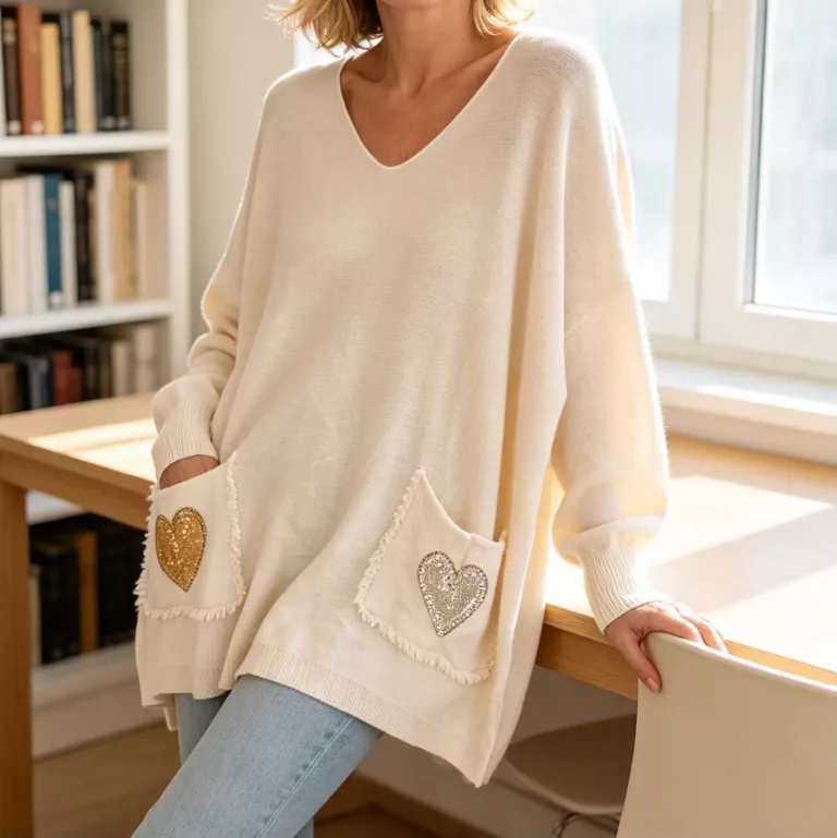 Cremefarbener Pullover mit Herzen