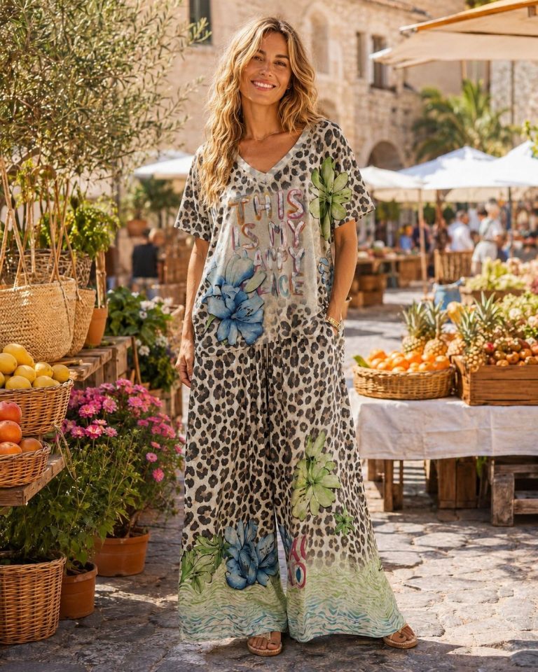 Eine Frau auf einem Markt im Freien trägt einen Zweiteiler von Happy Time (Kopie): ein locker sitzendes Modell mit Leopardenmuster und Blumenprint, stilvoll und bequem für den Sommer.