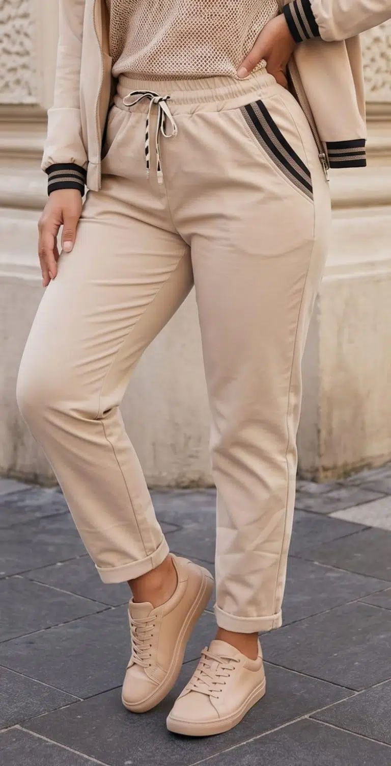 Komfort-Hose „Easy Chic“ – beigefarbene Jogginghose mit stilvollen, schwarz gestreiften Taschen, die am Unterkörper des Models zu sehen sind, kombiniert mit einer passenden Jacke und beigen Sneakern. Aus weichem, bequemem Material gefertigt, ideal für den Alltag; perfekt für vielseitige Styling-Möglichkeiten und ganztägigen Tragekomfort. Abgebildet in einer Außenkulisse vor einer eleganten Steinmauer, um den raffinierten und zugleich lässigen Look hervorzuheben.
