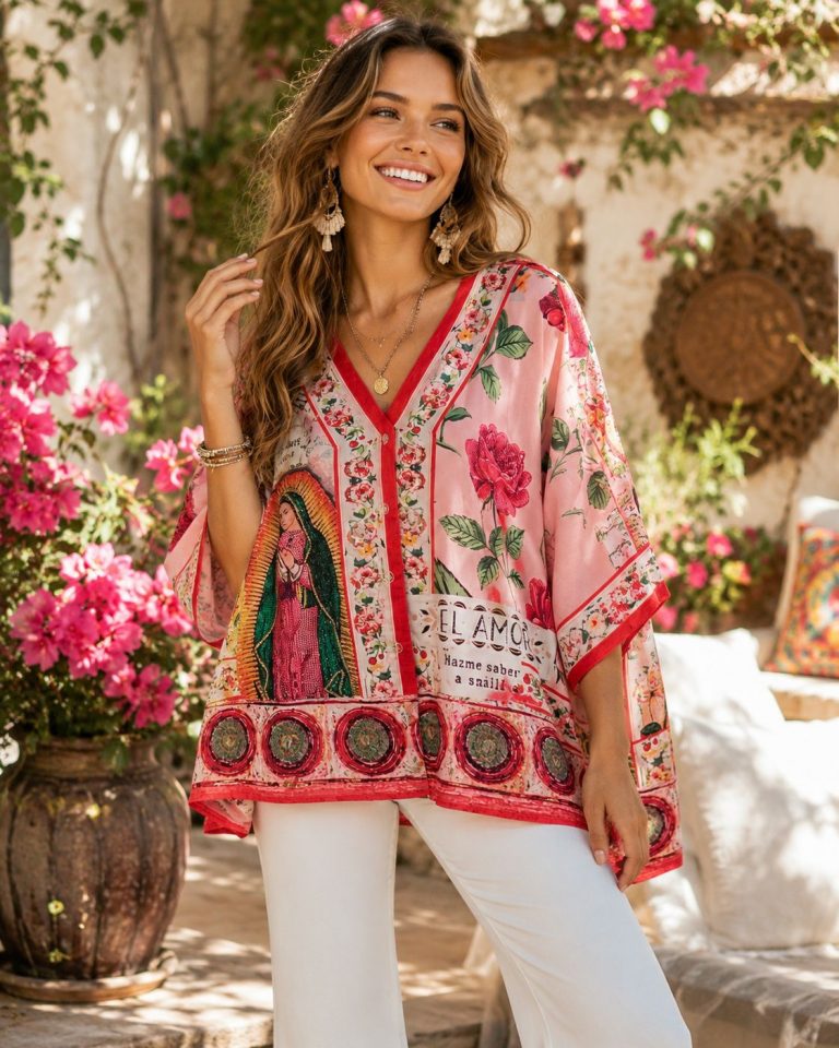 Frau im Freien vor rosa Blumen, bekleidet mit der Bluse „Rose Design Amor Glam“ – auffälliges Motiv, trendiger Schriftzug, schicke Passform; perfekt für den Frühlingslook.