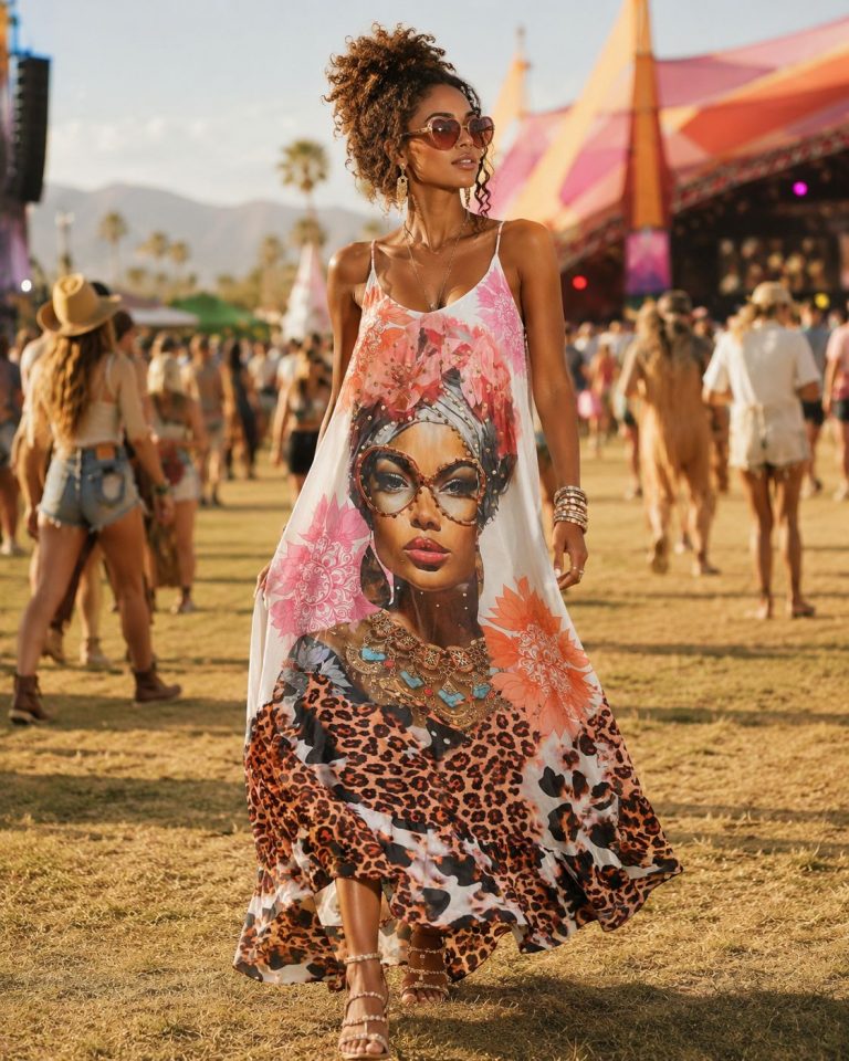 Frau in einem „Spanische Festival Kleid“, einem locker sitzenden Maxikleid mit grafischem Blumen- und Leopardenmuster – perfekt für stilvollen Festival-Komfort.