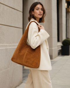 Eine Frau in cremefarbenem Mantel und Hose steht vor einem Steingebäude und präsentiert die große Wildledertasche „Soft Love“ über der Schulter. Diese geräumige und stilvolle Tasche vereint Eleganz und Funktionalität und ist damit ideal für Kunden, die ein raffiniertes Design mit Alltagstauglichkeit suchen.